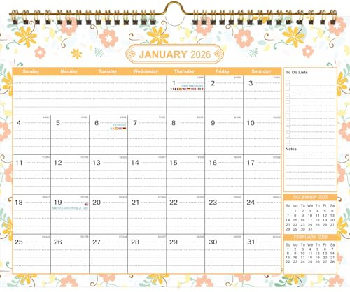 Wandkalender 2026-2027, 18-Monats-Wandkalender von Januar 2026 – Juni 2027, Spiralbindung, Kalender mit To-Do-Listen und Notizabschnitten und Feiertagen für Büro und Zuhause, Blumendesign, A3 (29,8 x