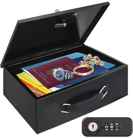 Caja fuerte ignífuga portátil con código digital y llave, caja de seguridad doméstica con asa, solución de almacenamiento segura para medicamentos, joyas, documentos B5, 1,5 kg, negro