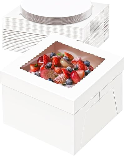 Tlczrva Juego de 10 cajas de cartón para tartas, caja de transporte para tartas, caja blanca para tartas con ventana y 10 tablas redondas para tartas, pasteles (30,5 x 30,5 x 20,3)