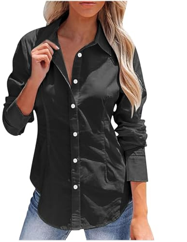 Placitiume Camisas de manga larga con botones para mujer, sin arrugas, con cuello, para el trabajo, oficina, camisa, corsé, Negro, XL