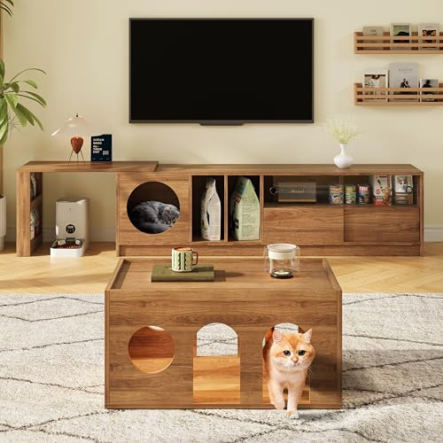 boorbin Moderno juego de muebles LED para salón, mueble de TV con cesta para gatos, muebles de nogal para salón, dormitorio (80 x 50 x 40 cm + 180 x 40 cm + 80 x 40 x 50 cm)