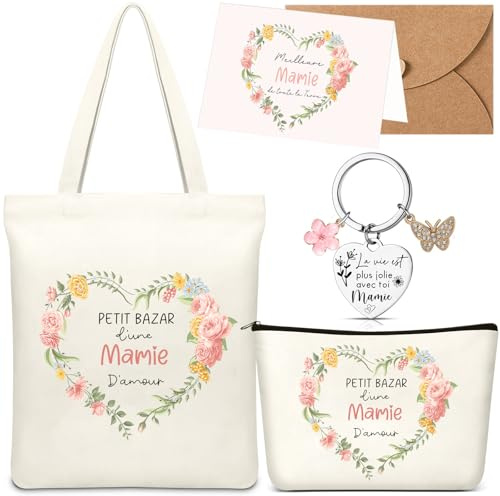 Hestya 5 Pièces Cadeau pour Mamie Sac en Toile Pochette Trousse à Maquillage Porte-Clés Carte de Vœux Idée Cadeau pour Grand-Mère Anniversaire Annonce Grossesse Fête Retraite Remerciement