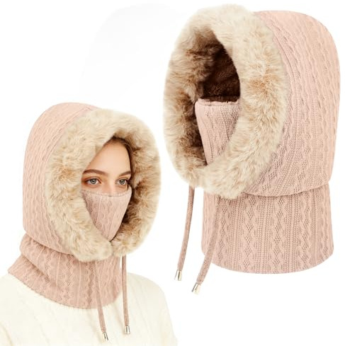VGMANNTA Plüsch Sturmhaube Damen Kapuzenschal Winter Thermo Skimaske mit Nackenwärmer Multifunktionale Wolle Balaclava Strickmützen für Damen für Sport und Outdoor