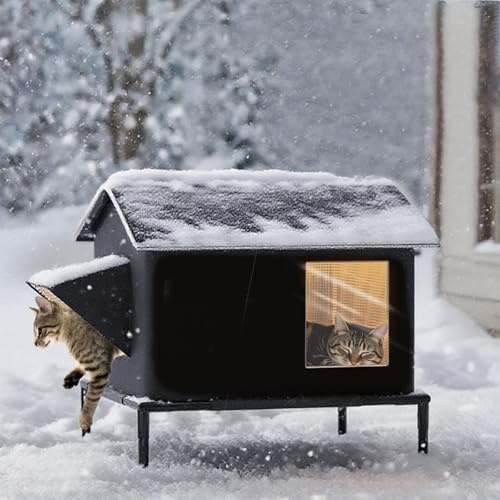 Katzenhaus Outdoor Winterfest,Katzenhütte Für Draußen Winterfest，Faltbares Katzenbett Für Draußen,Erhöhtes, Wasserdichtes Katzenhaus für den Außenbereich Für Streuner Haustiere（54x47x56cm）