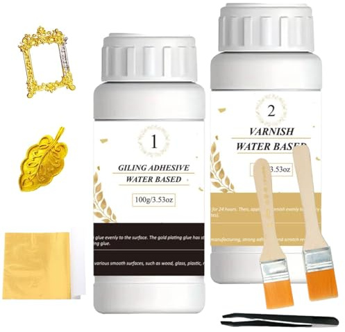 Blattgold Kleber Set,Vergoldung Kleber Set,Blattgold zum Basteln,Blattgold Kleber,100ml Wasserbasierter Kleber und 100ml Schutzlack,100 Stück Blattgold,2 Klebstoff Pinsel,1 Pinzen,für Kunst,Handwerk