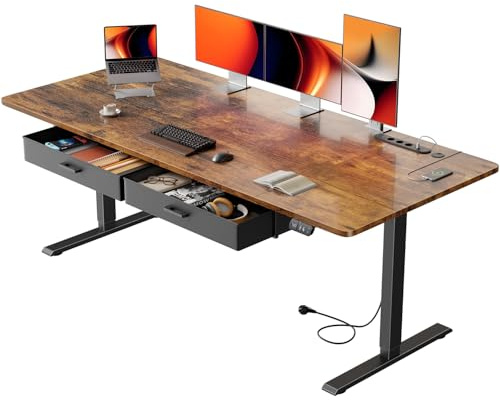 SOLAVERO Bureau Assis Debout Électrique, 180 x 80 cm, avec USB-C, Marron