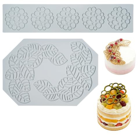 2Pcs Alfombrilla de Encaje de Fondant de Silicona Molde, 3D Rejillas Pasteles Molde de Encaje, Tapete de Impresión de Fondant Antiadherente, Moldes con Forma de Hojas para Chocolate, Almíbar, Hornear