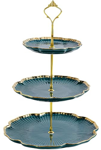 3 Tier Porcelain Cake Stand, Round Dessert Cupcake Stand with God Rod, Ceramic Tiered Cake Holder Tower for Tea Party/Birthday/Wedding Serving (Bottle Green)