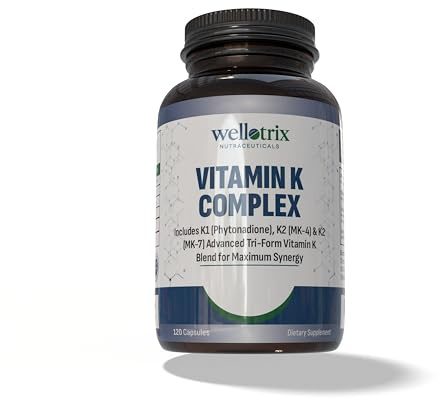 Wellotrix Nutraceuticals Vitamin K Complex (K1 + MK-4 + MK-7) – Advanced Triple-Form Vitamin K Formula for Maximum Bioavailability – Supports Calcium Utilization – Non-GMO, Gluten Free 120 Capsules