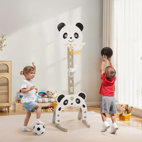 Basketball Hoop Indoor for Kids Height Adjustable Basketball Hoop and Stand Outdoor Child Football and Basketball Set with Football Goal, Ring Toss, Music & Story Player (White Panda)