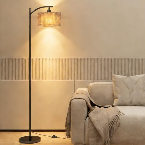 PULUOMIS Floor Lamp, Rattan Floor Lamps for Living Room, Standing Lamp with LED Bulb, Adjustable Standards Tall Lamp with Remote