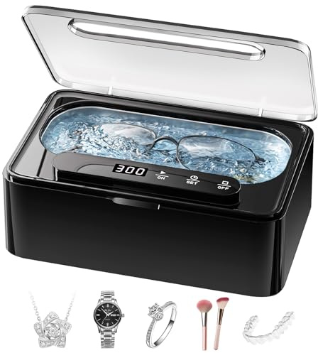 Phniti Limpiador Ultrasónico de joyas, 330 ml 47000 Hz Limpiador Acústico con Temporizador Digital para gafas, Anillos, Monedas, Pata, Negro