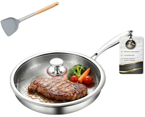 Generico Professionale Padella In Titanio Puro, Rivestimento Antiaderente In Titanio Puro E Acciaio Inox 304, Adatta A Piani Cottura A Induzione E A Gas (Con coperchio, Diametro-30cm)