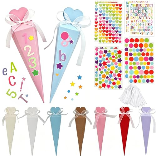 SxiGxiv 35 Stück Schultüte Klein, Mini Schultüten zum Befüllen, Kleine Schultüte Für Einschulung und Schulfeiern, 7 Farben Faltbare Zuckertüte Klein mit Personalisierungsstickern