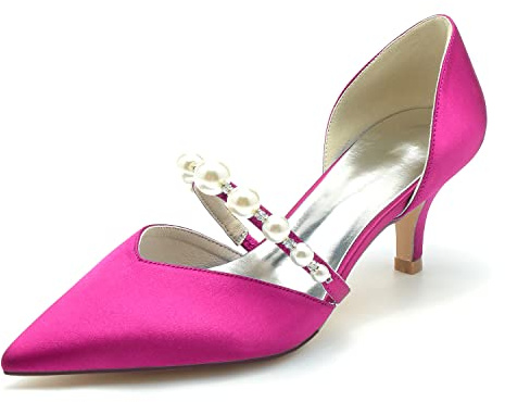 HFWXYSA Escarpins Mariage Femme en Satin à Bout Pointu avec Bride Perle Chaussures de Mariée Elégantes à Talon Moyen Soirée Fête,Fuchsia,38 EU
