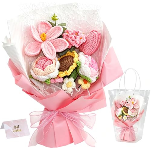 JTKDG Crochet Flower Bouquet, Handmade Knitted Artificial Flowers, Pink | Knitting Crafts Roses Never Wilt for Home Decor Anniversary Weddings Birthdays Mother's Day, with Gift Bag and Card