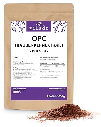 OPC Pulver hochdosiert - 1kg Traubenkernextrakt ohne Zusatzstoffe - MADE IN GERMANY - Mindestens 50% OPC nach HPLC - Laborgeprüft - Französische Weintrauben