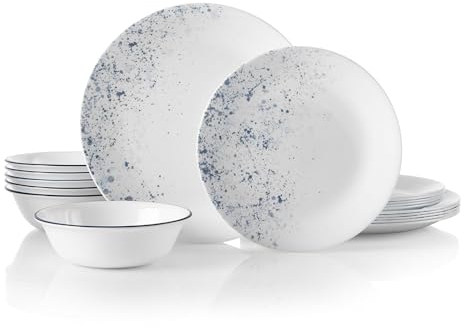 Corelle 18-Piece Dinner Set, Indigo Speckle, Blue and White for 6, Chip Resistant Dinnerware, Includes 26cm Dinner Plates, 17cm Salad/Side Plates and 530ml Soup/Cereal Bowls
