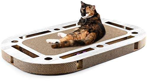 CanadianCat Company | XXL Katzenspielplatz 85 x 54 x 5,8 cm mit integrierter Kratzpappe Katzenspielzeug Kratzbrett in hellgrau gekalkter Holzoptik Kratzkarton