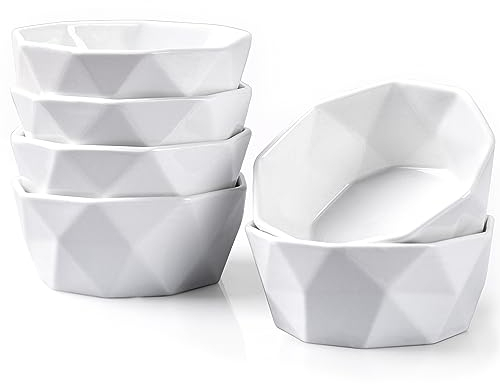6 Oz Porcelain Ramekins/Dessert Bowls - Delling Geometric Ramekins Souffle Dishes - White Snack/Ramekins/Creme Brulee Dish Set for Baking, Dessert, Ice Cream - Ramekins Oven Safe Set of 6