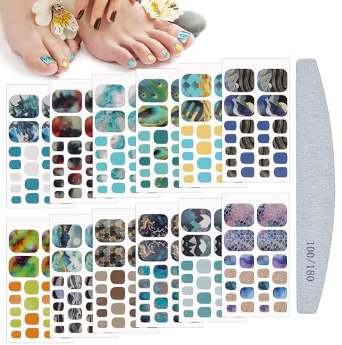 Kalolary Fußnagel Sticker Fußnägel Nagelfolie, 12 Blatt Marmorierung Fußnägel Nail Art Sticker mit Nagelfeile Nageldesign Decals Nail Selbstklebende für Fußnagel Nagelkunst