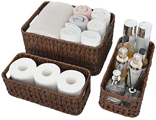 GRANNY SAYS Storage Baskets for Shelves, Waterproof Basket Set for Organizing, Toilet Wicker Basket Tank Topper, Wicker Baskets with Handles, Dark Brown, 3-Pack