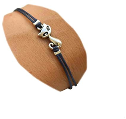 Yheakne Pulsera bohemia con diseño de gato negro, pulsera de cuerda de cuero de doble hebra, joyería de cadena de mano para mujeres y niñas, regalo para amantes de los gatos, Adjustable, Cuero Metal