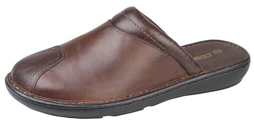 Roamers M024 Clog Mule herrtofflor i läder med vadderat foder och PU-sula, Brown, 40.5 EU