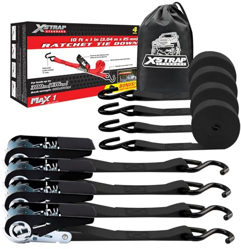 XSTRAP STANDARD Lot de 4 Sangles d'arrimage à cliquet de 3 m - Capuchon de Charge de 136 kg - Résistance à la Rupture de 408,2 kg - Sangles de Chargement pour appareils de déménagement, équipement de