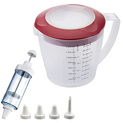 Westmark 1 bicchiere con paraspruzzi e coperchio + 1 siringa per decorare con 5 beccucci in plastica e acciaio inox, Helena, trasparente/rosso/bianco, 310522E7, Rosso, Set, Siringa