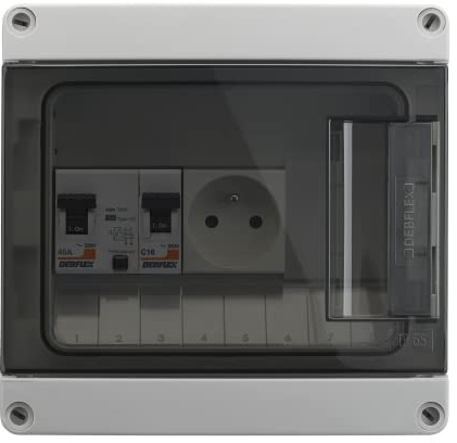 DEBFLEX - Coffret Electrique Etanche - Tableau Electrique 8 Modules - 1 Interrupteur Différentiel 40A/AC + 1 Disjoncteur 16A + 1 Prise - Idéal Extérieur/Jardin - Pose en Saillie - 196 x 190 x 120mm