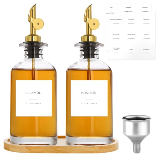Otauoaea Botellas de Aceitera y Vinagre - 2Pcs Botella Cristal de Aceite de oliva - Dispensador de Aceite de Cristal de 350 ml con etiquetas y embudo, Bandeja de Bambú - Glod