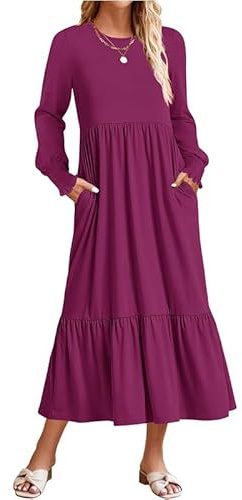TANMESSO Women's 2024 Fall Casual Crewneck Long Sleeve Midi Dress Loose Pleated Tiered Swing Dress with Pockets