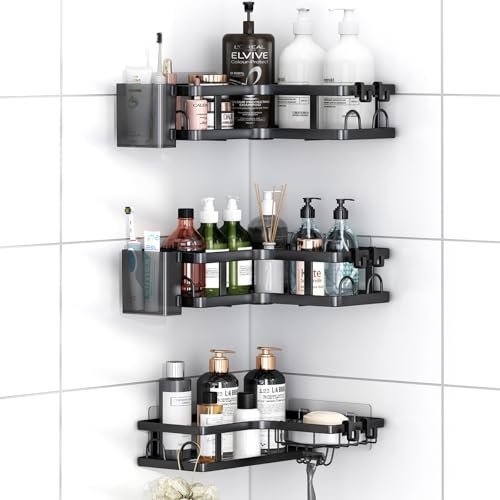 ZVZM Mensola Doccia Senza Foratura, 5 Pezzi Mensole Bagno Senza Foratura, Mensola per Doccia Adesiva Angolare, Accessori Doccia Con Dentifricio e Portasapone.