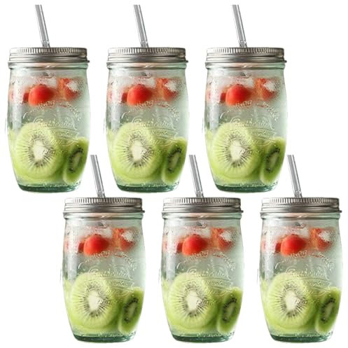 Glas mit Deckel und Strohhalm 6er Set 450ml, Glas Smoothie Becher mit Strohhalm, Design Kaffeebecher Travel Mug, Eiskaffee Becher, Trinkgläser, To Go Gläser Retro, Bubble Tea