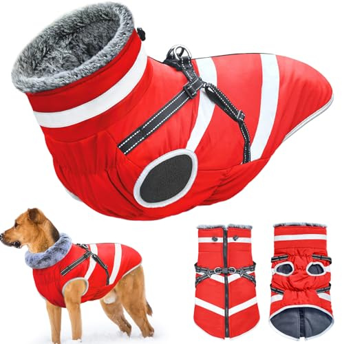 Oslueidy wasserdichte Hundemäntel, Winter Warme Hunde Jacken Reflektierende Haustier Kleidung Hund Kalte Wetter Mäntel Gemütliche Schnee Anzug Jacke Weste für kleine mittlere große Hunde (Rot, 6XL)