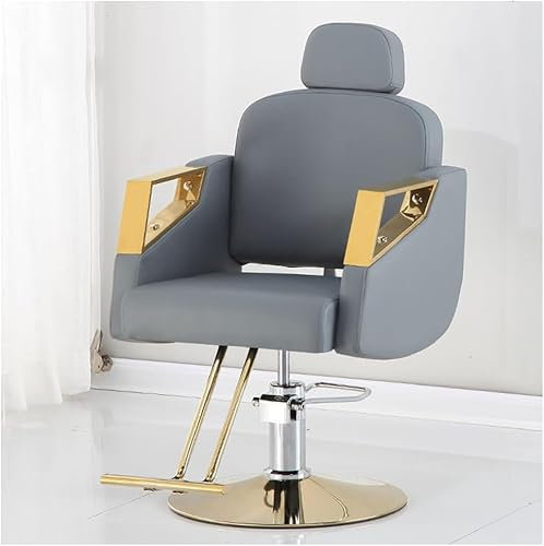 Friseurstuhl, Friseursalonstuhl aus PU-Leder mit hydraulischer Pumpe, mit Pedal-Quadrat-Chassis, um 360 Grad drehbar und höhenverstellbar, für Salonmöbel,Grau,A