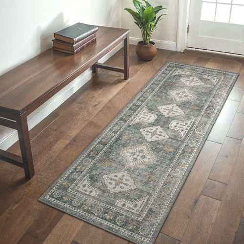 GENIMO Vintage Läufer Flur Teppich 80x200 cm Waschbar Stahlblau Grau | Boho Orientteppich, Rutschfest Kurzflor Weich Carpet, Teppiche läufer für Küche, Treppe, Balkon, Wohnzimmer