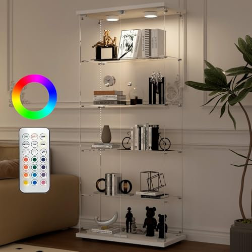Aplancee Glasvitrine Standvitrine in Weiß mit LED, 188.8 * 36.3 * 80.7cm Vitrinenschrank mit 5 Glasböden & 2 Türen aus gehärtetem Glas, Vitrine für Wohnzimmer Büro Sammlerstücke Bücher Wein