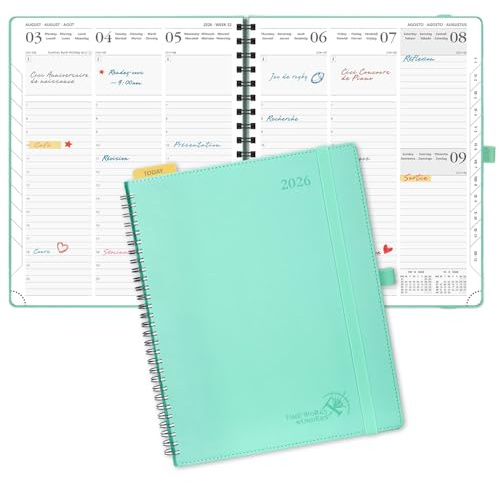 POPRUN Kalender 2026 Vertikal Spiral Planerare, 26,5 x 21,5 cm, Mjukt Omslag, Agenda 2026 med Självhäftande Pennhållare, Veganläder och 100 GSM Tjockt Papper, Grön