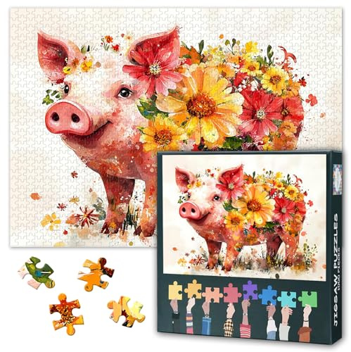 Puzzle de 1000 pièces pour adultes - Cochon couvert de fleurs, 1000 puzzles - Jeux éducatifs pour toute la famille - Divertissement pour une soirée calme - Dimensions terminées : 50 x 70 cm