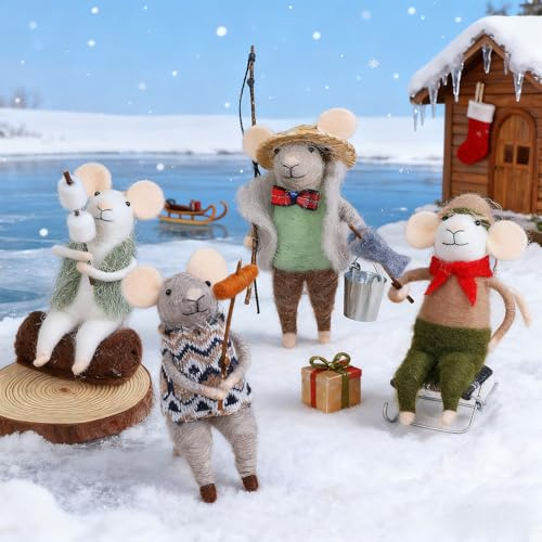 Watereem Set of 4 Christmas Felt Mouse Ornaments, Mini Fishing Mice Figurines for Christmas Tree Wreath Hanging, Wool Xmas Tabletop Decor, Animal Crafts Holiday Easter Gifts Party Supply