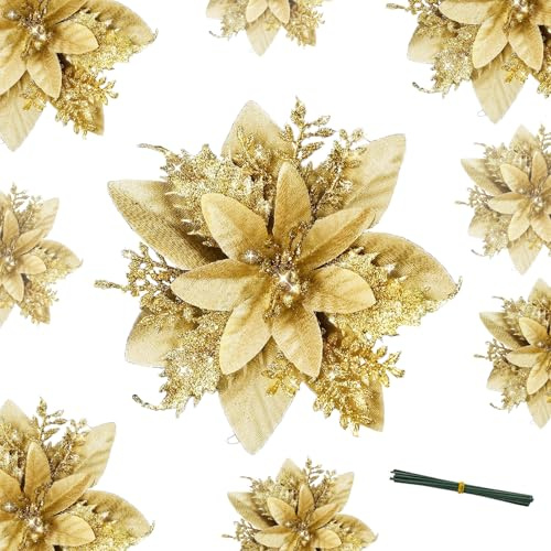 DITK-U 12 flores artificiales con purpurina para decoración de Navidad, adornos de árbol de Navidad, adornos para árbol de boda, adornos de Año Nuevo, guirnalda de Navidad (dorado)