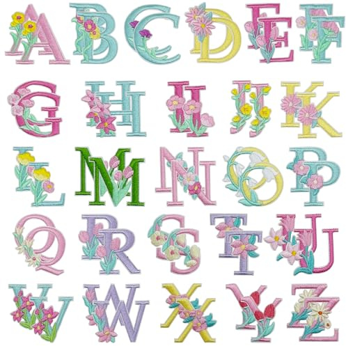 Allazone Alphabet Applikationen Patches, Aufnäher Buchstaben Patches A - Z, Buchstaben zum Aufnähen oder Aufbügeln für Schuhe, Hut, Tasche, Bekleidungszubehör, Blume