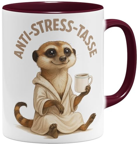 OM3® Erdmännchen Anti-Stress Kaffee-Tasse - Lustige Meerkat Keramiktasse mit Tier-Motiv - Keramik Becher - 325ml - Beidseitig Bedruckt - Bordeaux