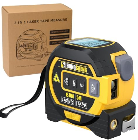 Vtizikl 3-in-1 Laser Tape Measure, 196ft/60m Digital Measuring Tape with Cross Line Level, Infrared Ranging and LED Display, Lazer Level Tools for Home Improvement, Men, Gifts (Yellow 60m)
