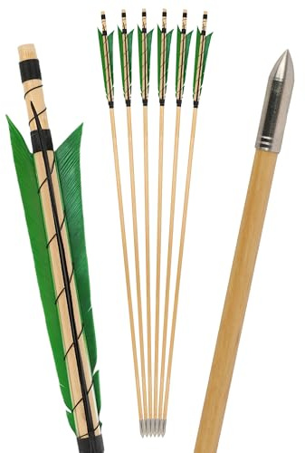surwolf 31” bågskyttepilar av trä, traditionellt handgjorda, med 6” kalkonfjäder, OD8.5mm träskena, jaktmål för långbåge/recurvebåge hästbåge 6&12 st. (grön, 6pcs)