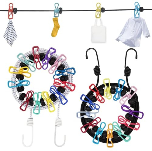 2 Pcs Travel Washing Line, Travel Clothes Line with 24 Colorful Pegs | Portable Clothesline, Adjustable Elastic Travel Clothesline for Holidays, Laundry Rooms, Camping, Indoor and Outdoor Use
