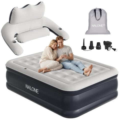 NALONE Matelas Gonflable 2 Personnes Electrique 195x142x45cm, Lit Gonflable Autogonflant avec Pompe Électrique Intégrée avec Dossier Amovible pour Camping et Maison