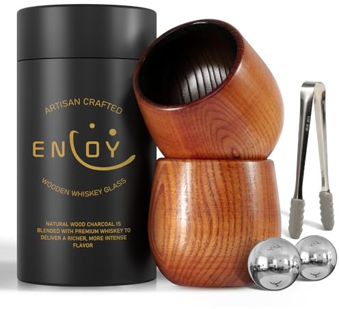 Charred Wooden Bourbon Drinking Glass Set with Whiskey Ice Stones & Tongs, 2 Pack 10oz Oak Wooden Bourbon Glass, Artisan Oak Whiskey Cups for Bourbon Lovers, Unique Whiskey Gift for Dad, Men, Husband